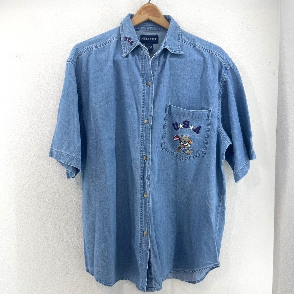 Vintage USA Denim Shirt Embroidered Bear Button Up Americana Western M